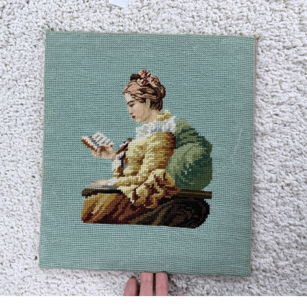 Vintage Needlepoint Art Woman Reading Book Sage Green Gold Handmade Decor
